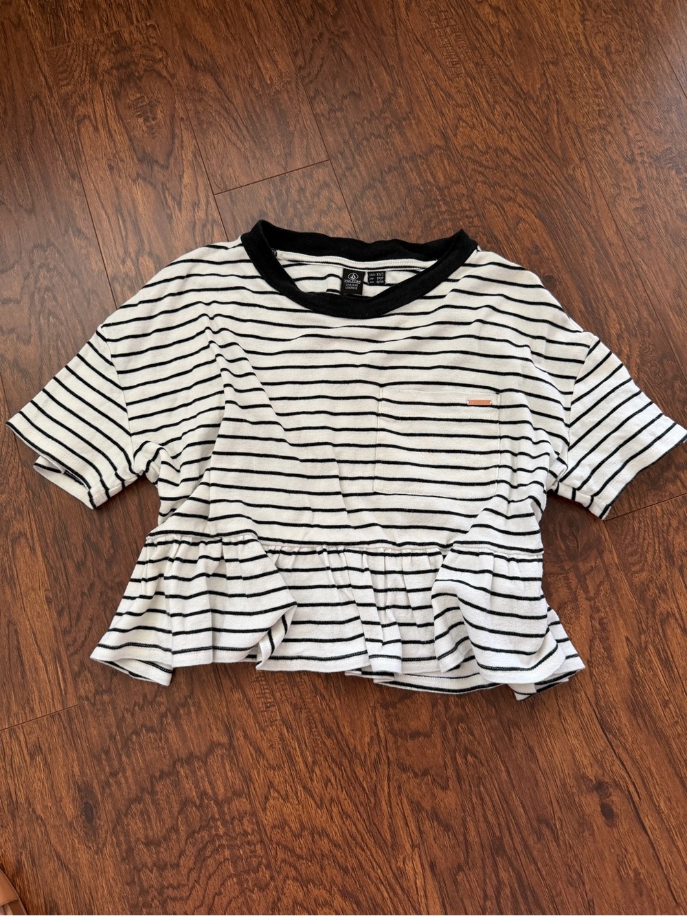 Volcom White and Black Striped Peplum Tee